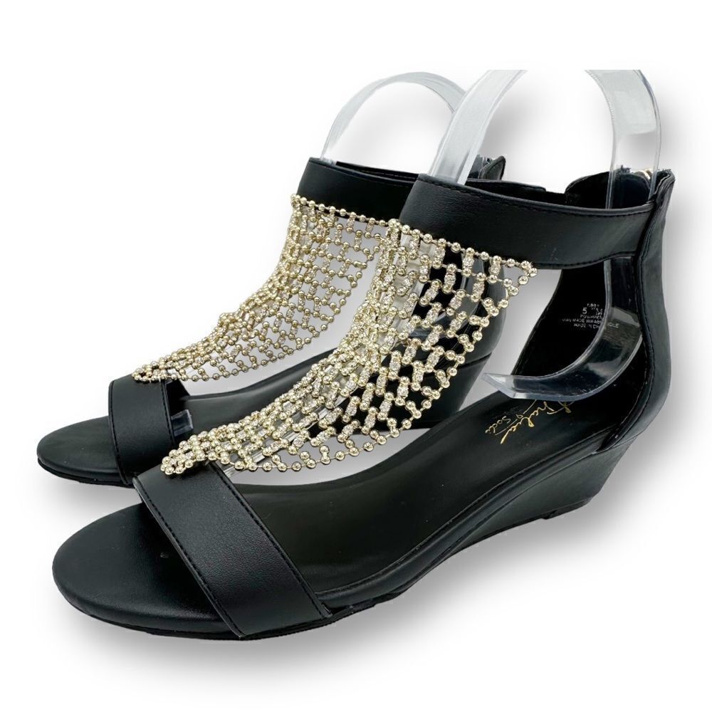 Thalia Sodi Black Tibby Gold/Crystal Mesh Embellished Wedge Open-Toe Sandals 5M‎